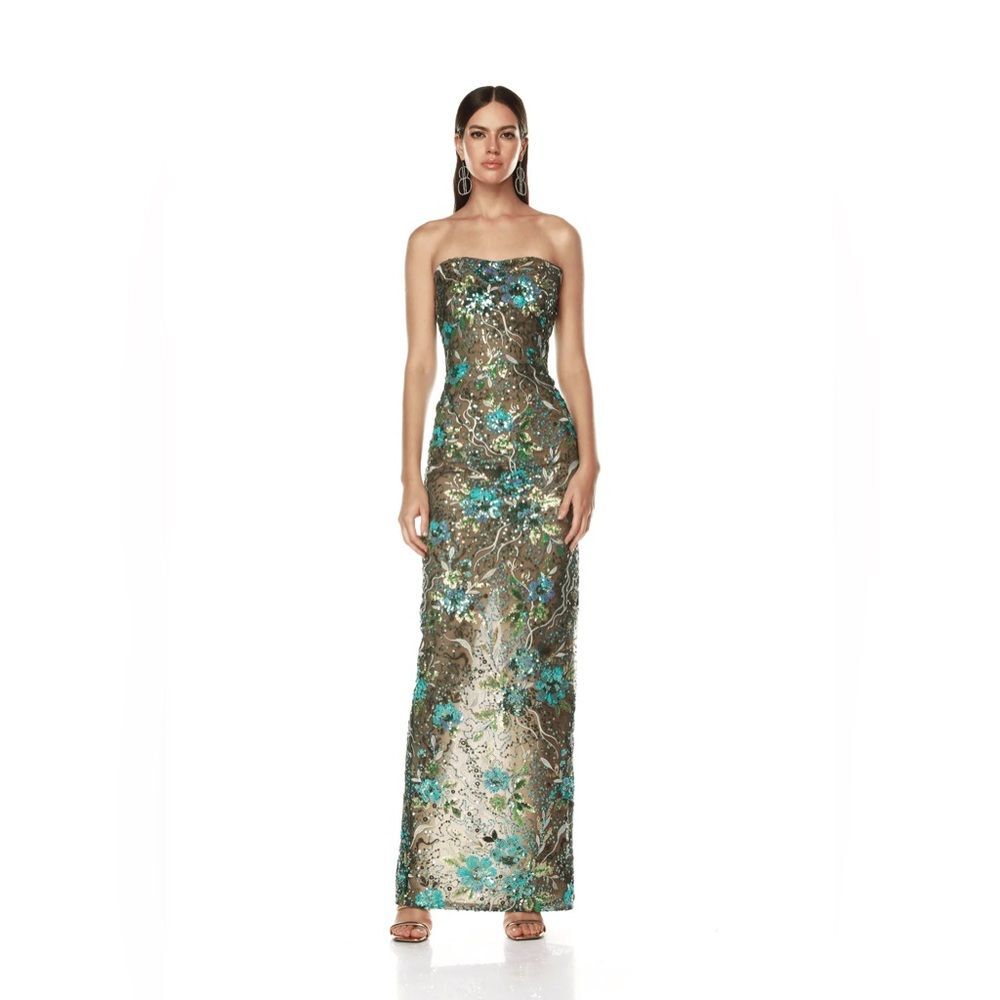 Bronx and Banco Metallic Gold Strapless Maxi with Teal Floral Embroidery